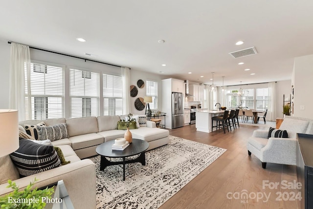 living room with hardwood / wood-style floors and sink