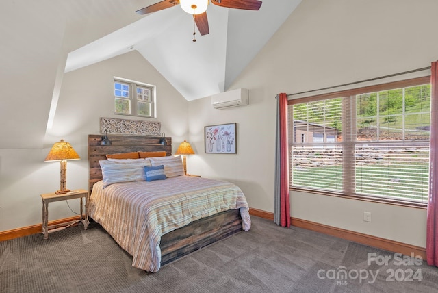 bedroom with a wall mounted AC, lofted ceiling, ceiling fan, and dark carpet