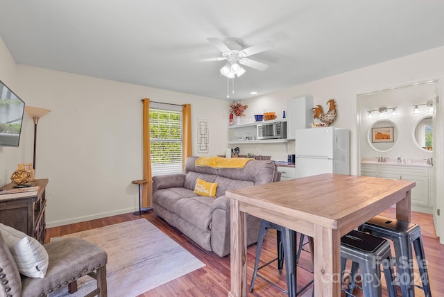 living room featuring hardwood / wood-style flooring and ceiling fan