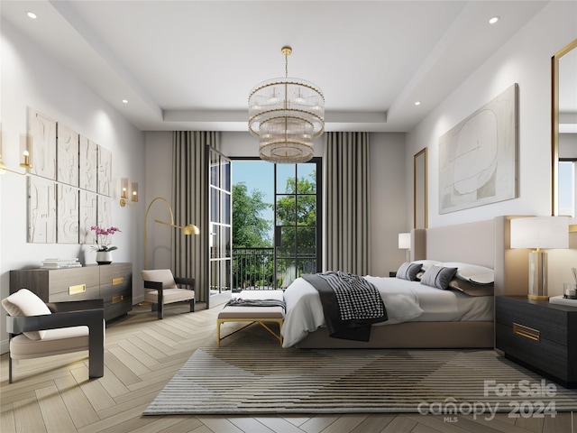 bedroom with an inviting chandelier, parquet flooring, and a tray ceiling