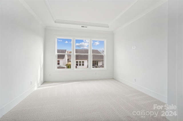 unfurnished room with carpet flooring, a raised ceiling, and crown molding