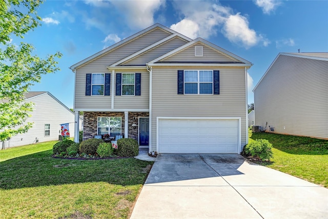 view of front of property with a garage, a front lawn, and central AC unit