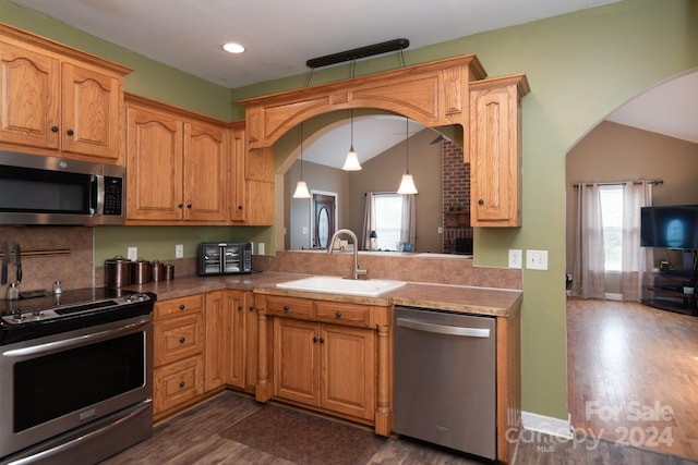 kitchen featuring dark hardwood / wood-style floors, sink, stainless steel appliances, and vaulted ceiling