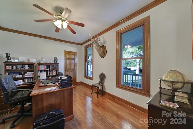 office space with ceiling fan, hardwood / wood-style flooring, and ornamental molding