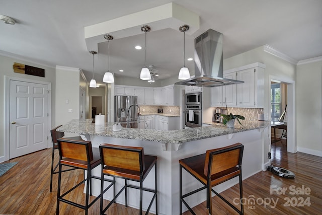 kitchen with decorative light fixtures, appliances with stainless steel finishes, tasteful backsplash, and island range hood