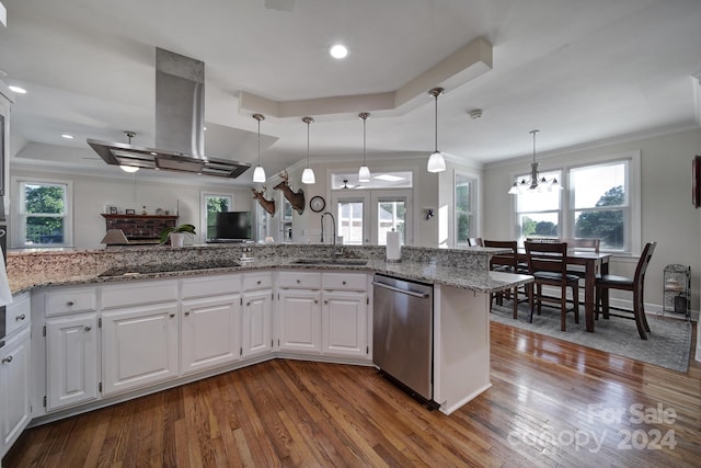 kitchen featuring sink, pendant lighting, dark hardwood / wood-style floors, and stainless steel dishwasher