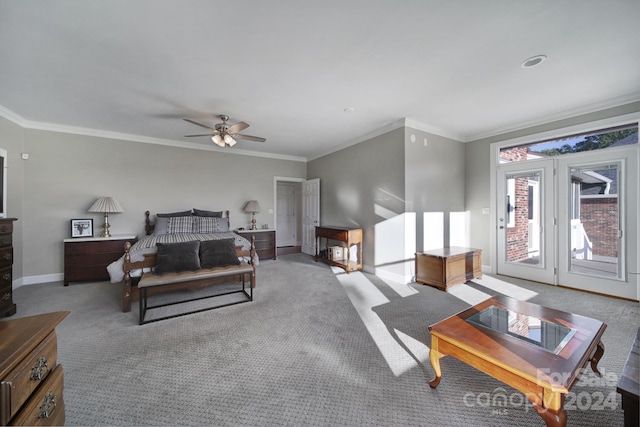 bedroom with ornamental molding, carpet, ceiling fan, and access to exterior