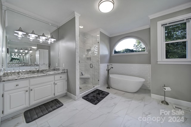 bathroom featuring vanity, shower with separate bathtub, tile floors, and tile walls