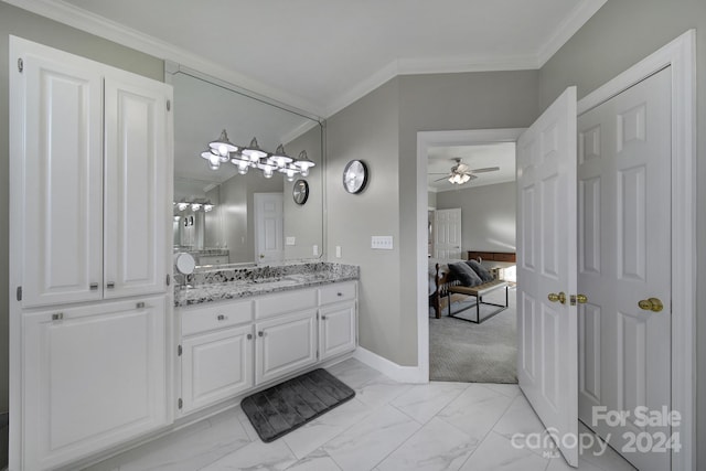 bathroom with oversized vanity, crown molding, tile floors, and ceiling fan