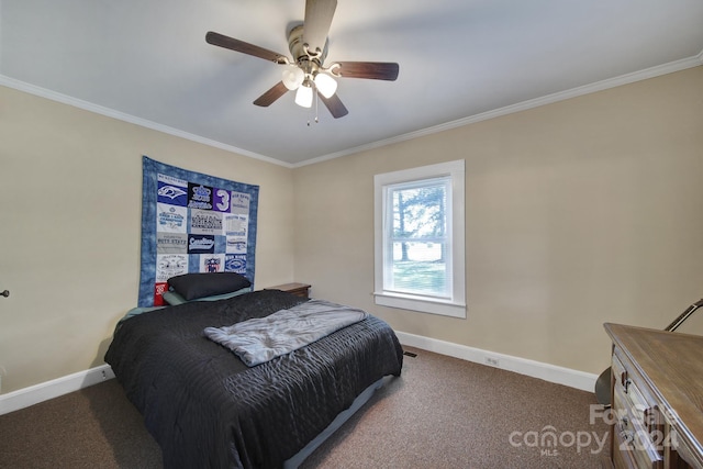 bedroom featuring ornamental molding, ceiling fan, and dark carpet