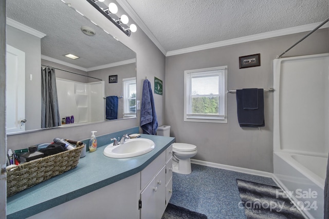 full bathroom with shower / bath combination with curtain, crown molding, toilet, vanity with extensive cabinet space, and a textured ceiling