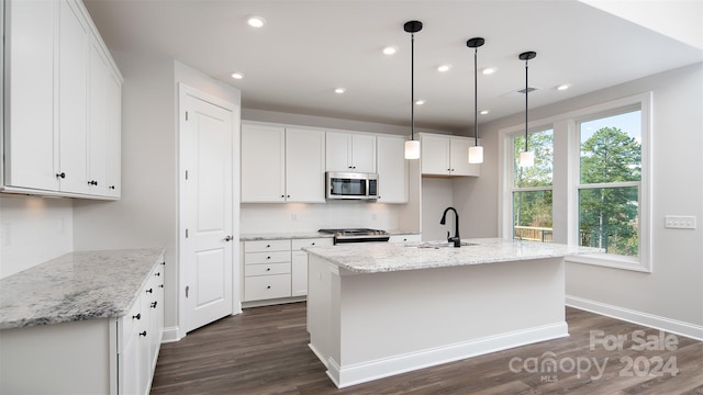 kitchen with stainless steel appliances, dark hardwood / wood-style flooring, a center island with sink, and white cabinets