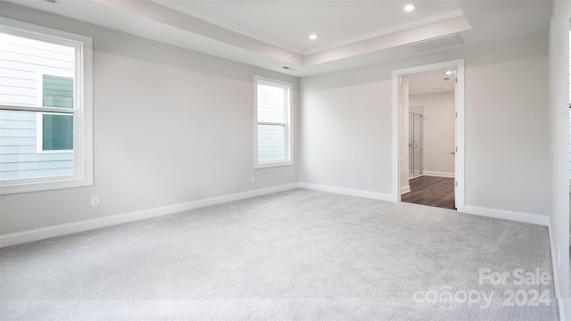 carpeted empty room featuring a tray ceiling