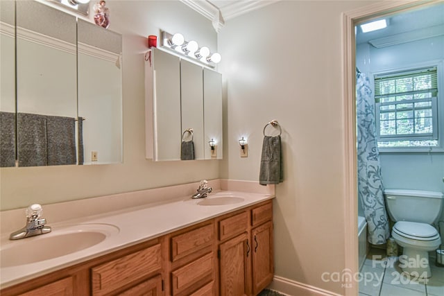 full bathroom featuring crown molding, toilet, shower / bath combo with shower curtain, tile floors, and dual vanity