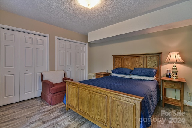 bedroom with wood-type flooring, two closets, and a textured ceiling