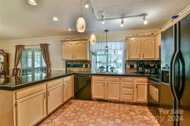 kitchen with backsplash, hanging light fixtures, black appliances, and light tile floors