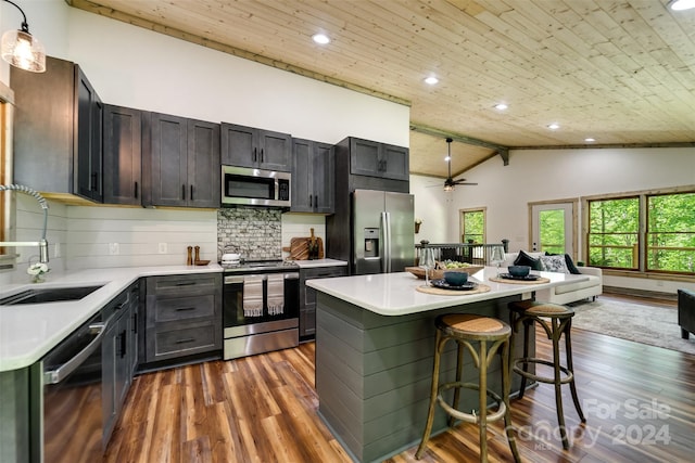 kitchen with sink, a center island, backsplash, dark hardwood / wood-style floors, and appliances with stainless steel finishes