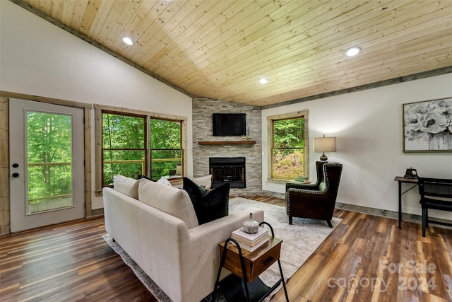 living room with a stone fireplace, wooden ceiling, high vaulted ceiling, and dark hardwood / wood-style floors