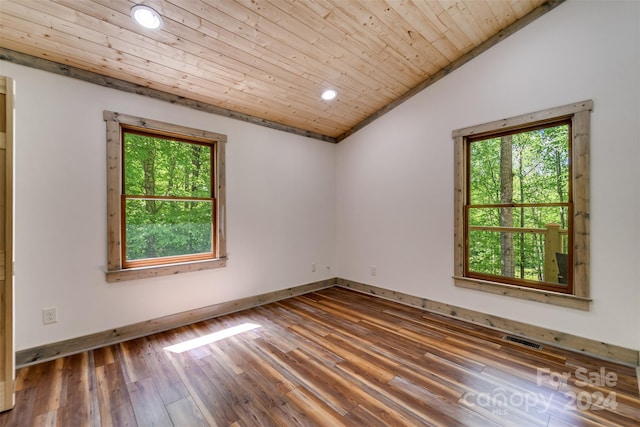 unfurnished room with wood ceiling, lofted ceiling, and wood-type flooring