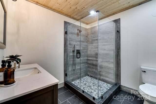 bathroom with wooden ceiling, tile patterned flooring, toilet, walk in shower, and vanity