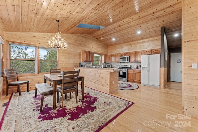 dining space with a notable chandelier, high vaulted ceiling, wooden ceiling, and light wood-type flooring