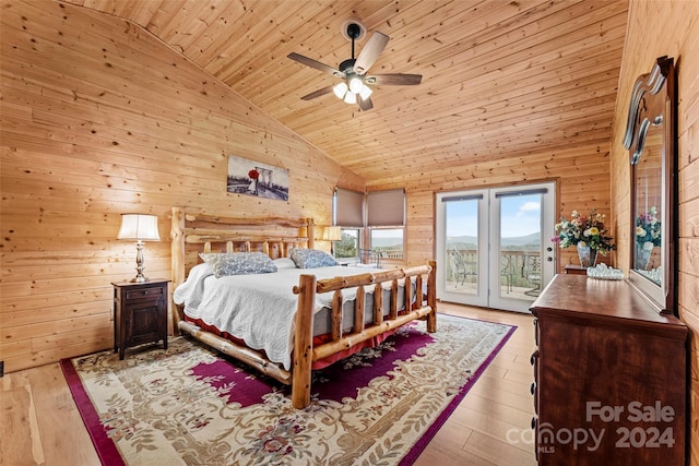 bedroom featuring high vaulted ceiling, ceiling fan, access to outside, wooden ceiling, and hardwood / wood-style floors