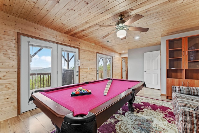 game room with ceiling fan, pool table, and light hardwood / wood-style floors