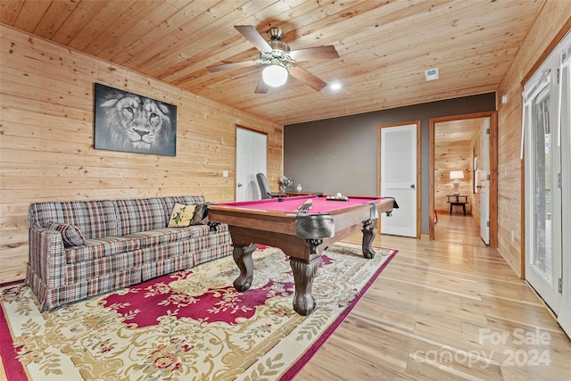 rec room with ceiling fan, billiards, light hardwood / wood-style floors, wood ceiling, and wood walls