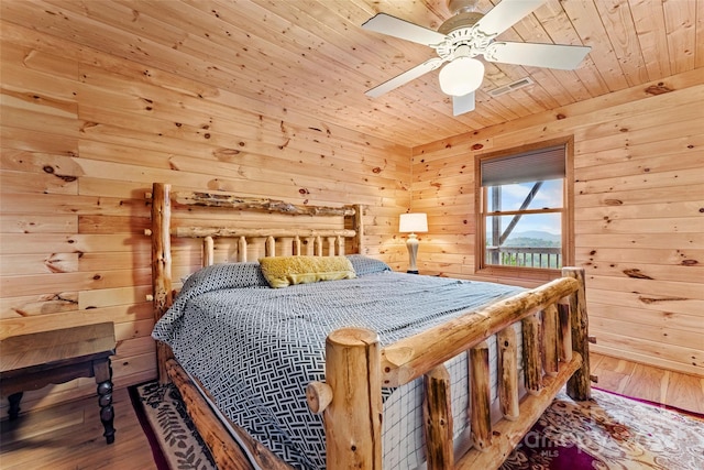 bedroom featuring hardwood / wood-style floors, ceiling fan, and wood ceiling