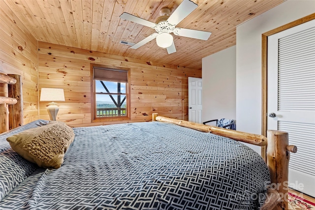 bedroom with wood walls, ceiling fan, and wood ceiling