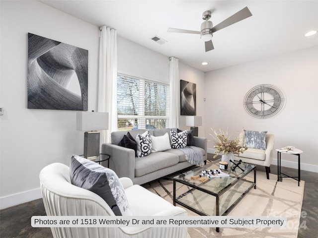 living room with ceiling fan