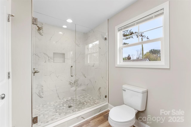 bathroom with walk in shower, wood-type flooring, and toilet