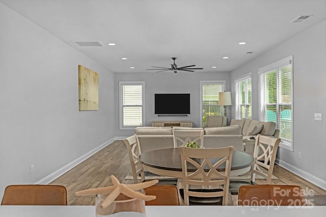 living room with light hardwood / wood-style flooring and ceiling fan