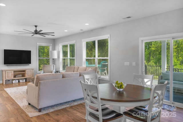 dining room featuring ceiling fan and hardwood / wood-style floors