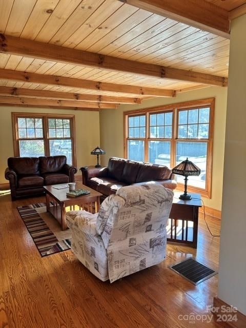 living room with wooden ceiling, wood-type flooring, and beam ceiling