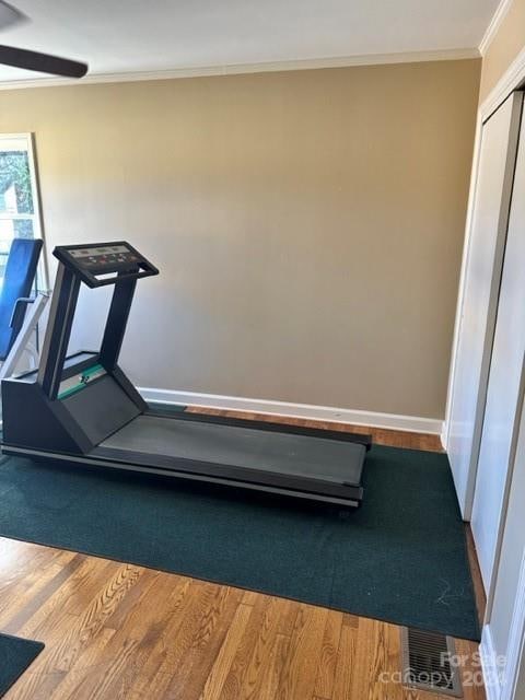 workout area featuring ceiling fan, crown molding, and wood-type flooring