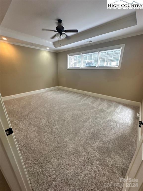 unfurnished room with ceiling fan, a tray ceiling, crown molding, and carpet flooring