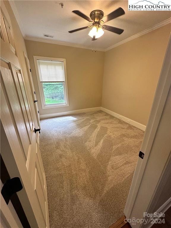 carpeted spare room featuring ceiling fan and ornamental molding