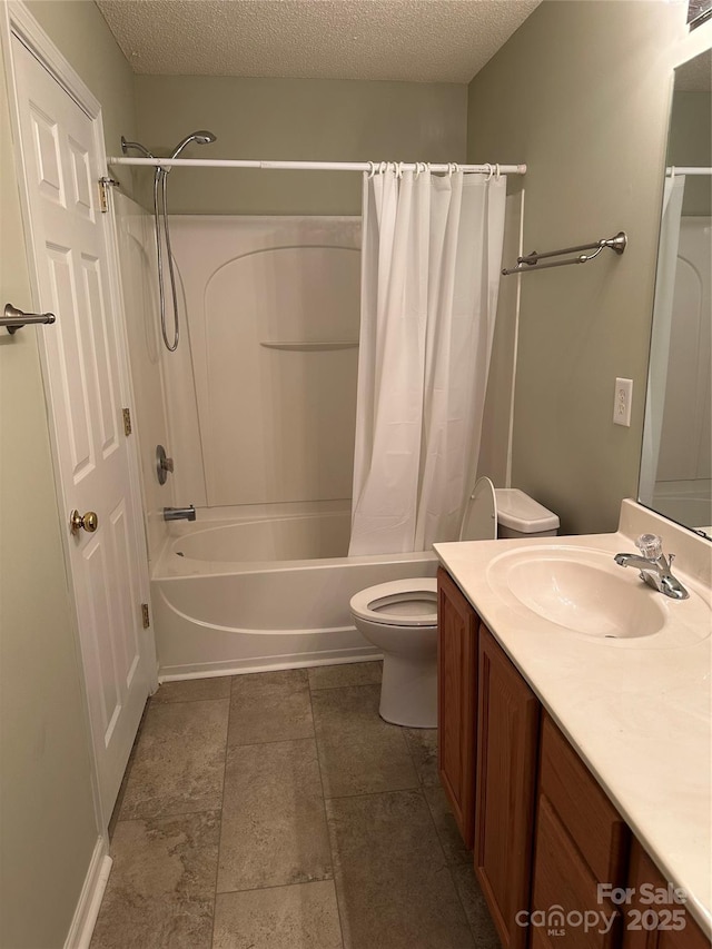 full bath featuring toilet, shower / tub combo, a textured ceiling, and vanity