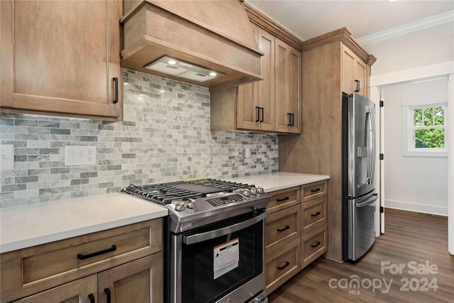 kitchen with decorative backsplash, appliances with stainless steel finishes, ornamental molding, custom range hood, and dark wood-type flooring