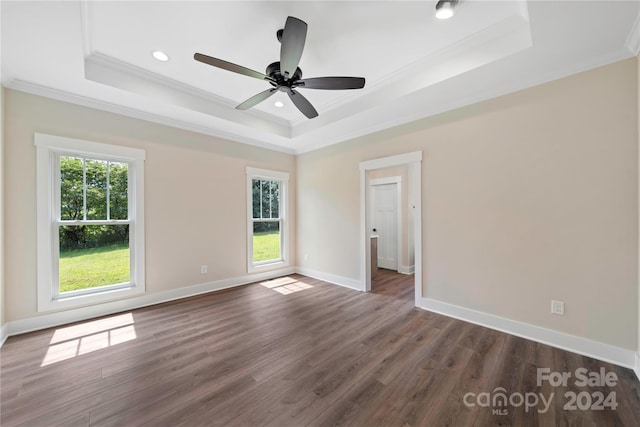 empty room featuring dark hardwood / wood-style flooring, a tray ceiling, and plenty of natural light