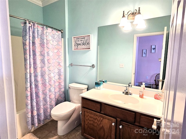 full bathroom with toilet, tile patterned flooring, crown molding, vanity, and shower / bathtub combination with curtain