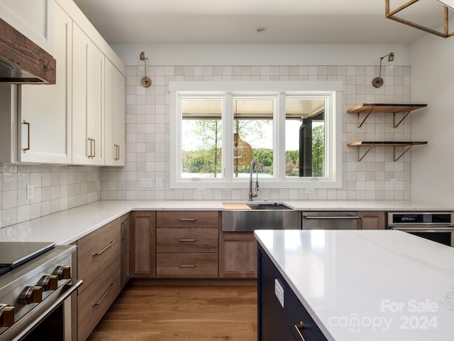 kitchen with decorative backsplash, stainless steel appliances, light hardwood / wood-style flooring, premium range hood, and sink