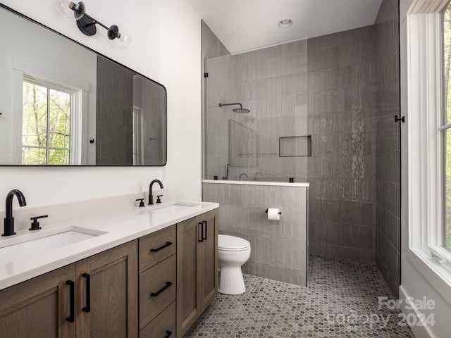 bathroom featuring a healthy amount of sunlight, a tile shower, vanity, and toilet