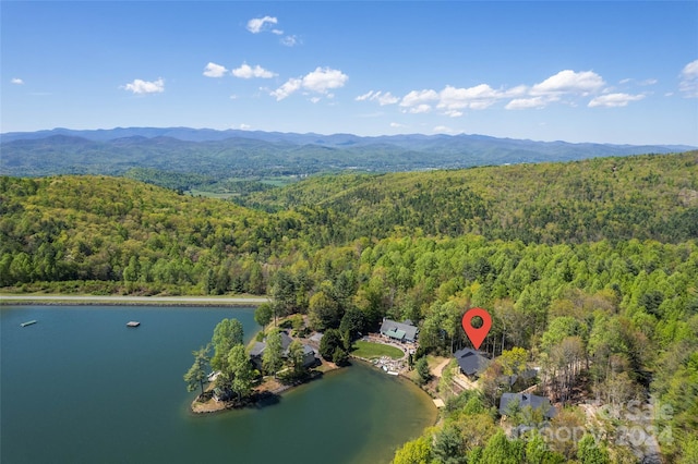 birds eye view of property featuring a water and mountain view