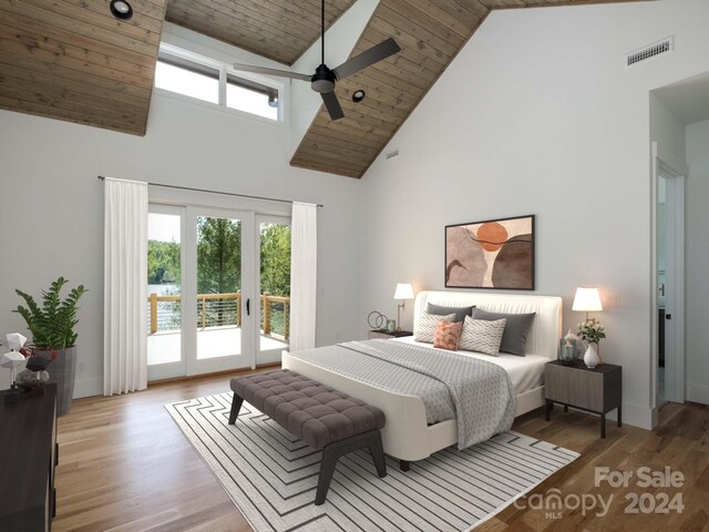 bedroom with access to outside, ceiling fan, multiple windows, and high vaulted ceiling