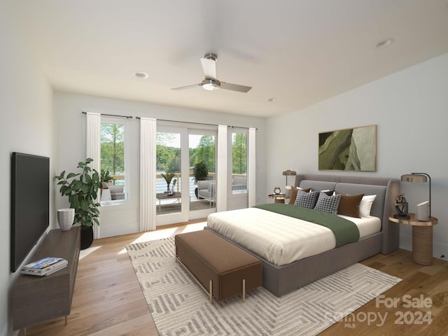 bedroom featuring access to outside, light wood-type flooring, french doors, and ceiling fan