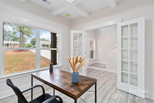 office space with light hardwood / wood-style flooring, a wealth of natural light, beam ceiling, and coffered ceiling