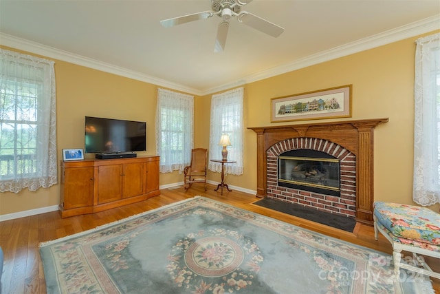 living room with wood-type flooring, plenty of natural light, a fireplace, and crown molding