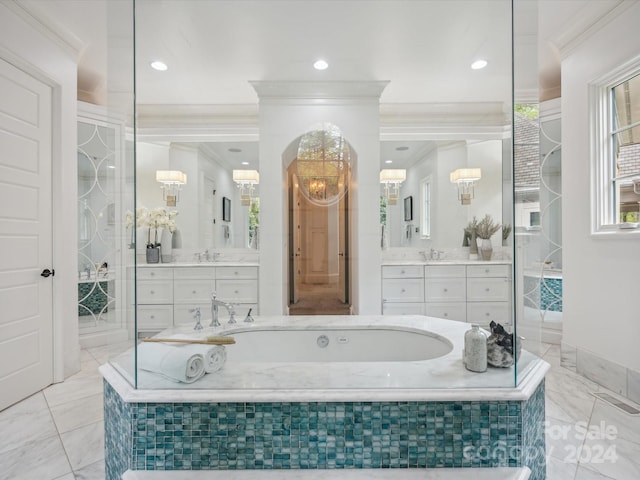 bathroom with a relaxing tiled bath, vanity, tile floors, and crown molding